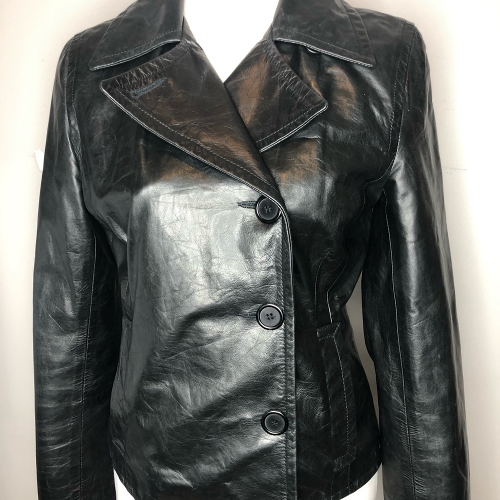 The Wrights Black Leather Double Breasted Jacket Moto Size 8 - Picture 2 of 13